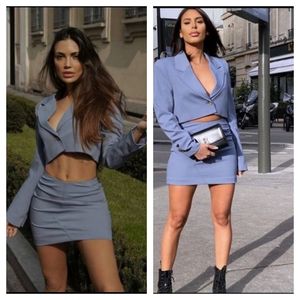 ZARA 2 PCs Topstitched Blazer(L) + Skirt(M) Blue Bloggers Favorite